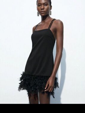 Black Feather-Hem Slip Dress - Women's